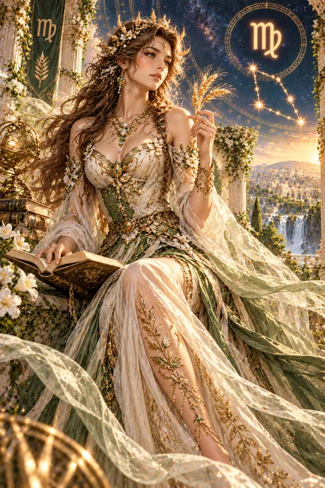 Kanyā (Virgo) sign card: a woman holding wheat in a celestial garden