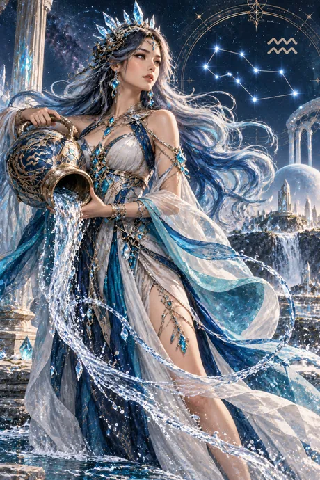 Kumbha (Aquarius) sign card: a woman pouring water from an urn