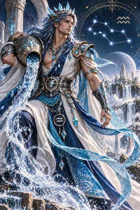 Kumbha (Aquarius) sign card: a man pouring a stream of water from his urn