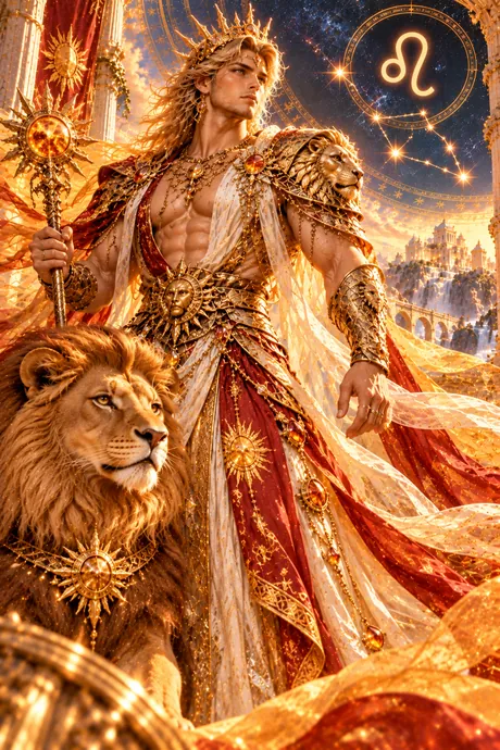 Siṃha (Leo) sign card: a golden king with a sun sceptre and his lion